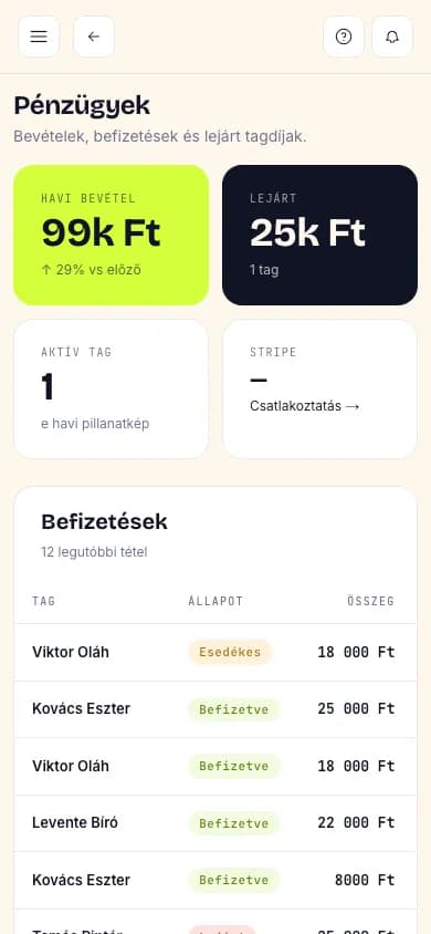 Pénzügy nézet mobilon